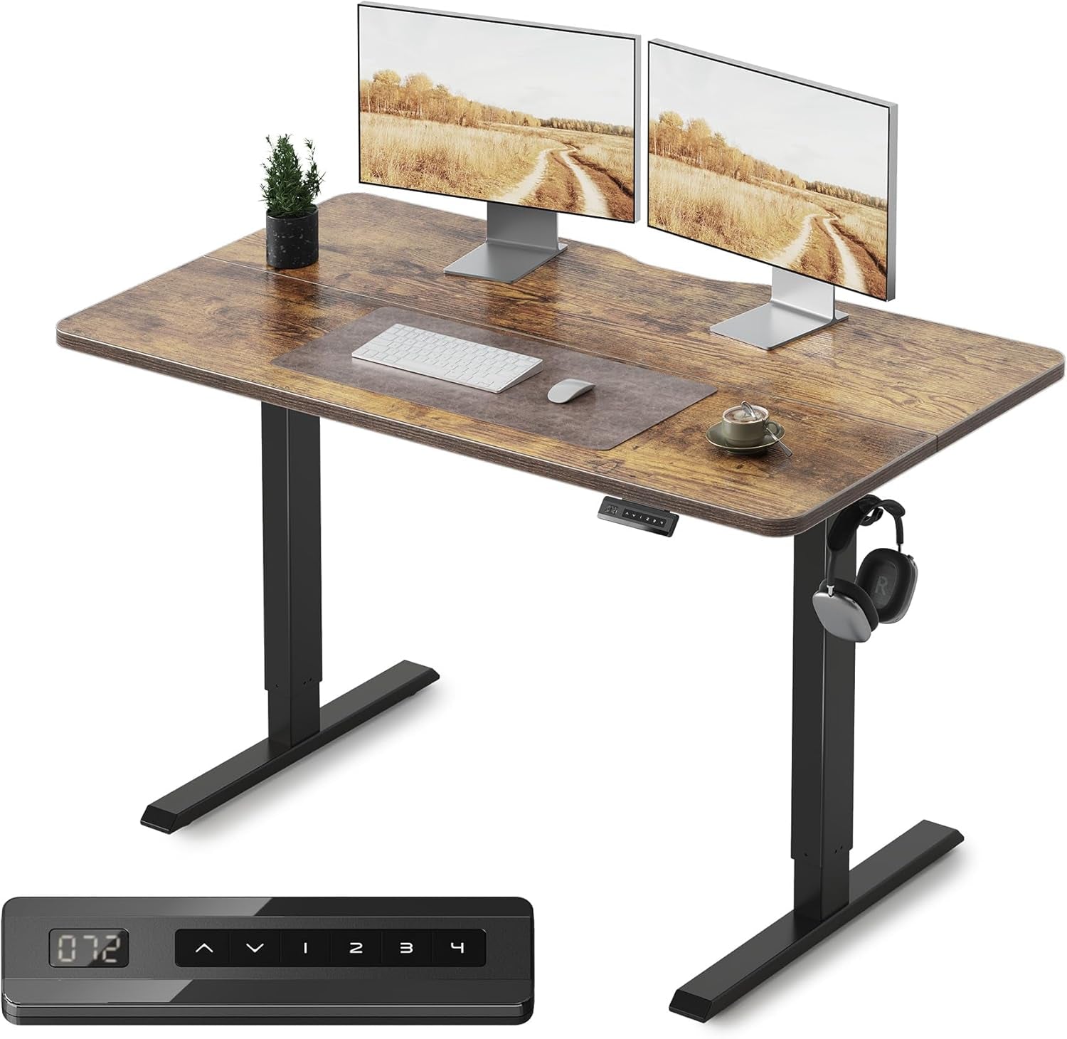 Height Adjustable Electric Standing Desk, 48 X 24 Inches Stand up Table, Sit Stand Home Office Desk with Splice Board, Black Frame/Rustic Brown Top