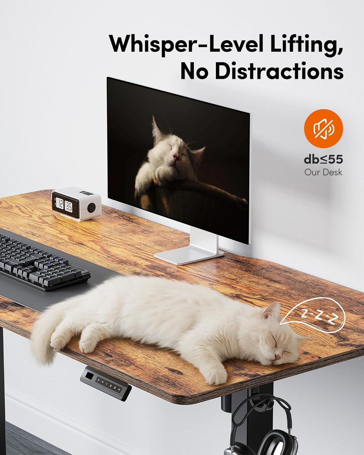 Height Adjustable Electric Standing Desk, 48 X 24 Inches Stand up Table, Sit Stand Home Office Desk with Splice Board, Black Frame/Rustic Brown Top