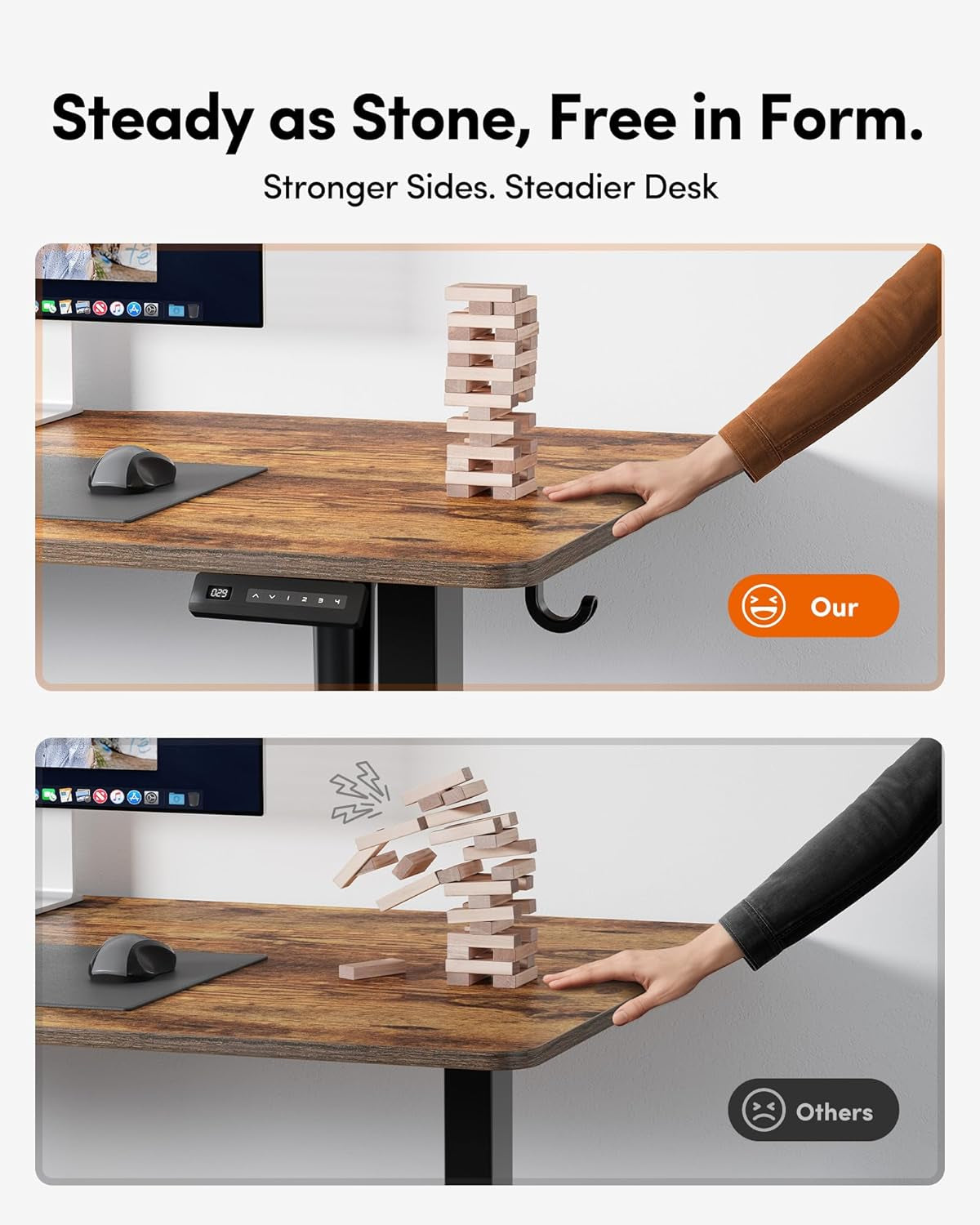 Height Adjustable Electric Standing Desk, 48 X 24 Inches Stand up Table, Sit Stand Home Office Desk with Splice Board, Black Frame/Rustic Brown Top