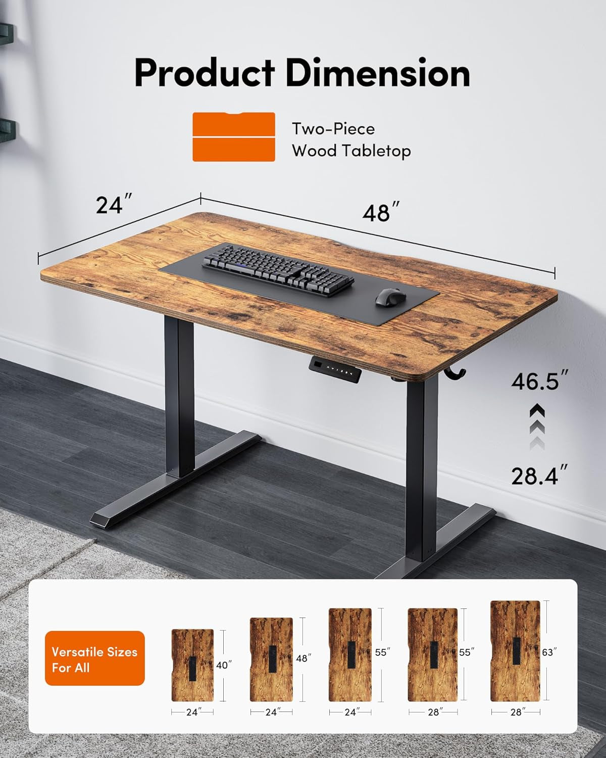 Height Adjustable Electric Standing Desk, 48 X 24 Inches Stand up Table, Sit Stand Home Office Desk with Splice Board, Black Frame/Rustic Brown Top